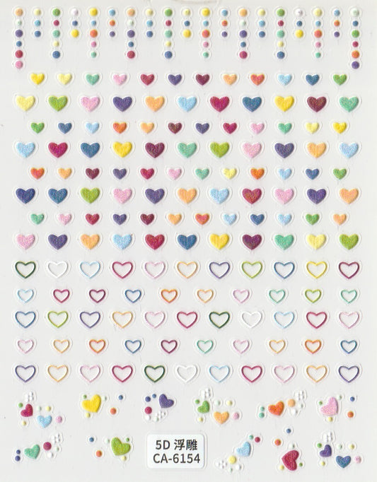 A sheet of 5D self-adhesive nail art stickers featuring various colorful heart patterns.