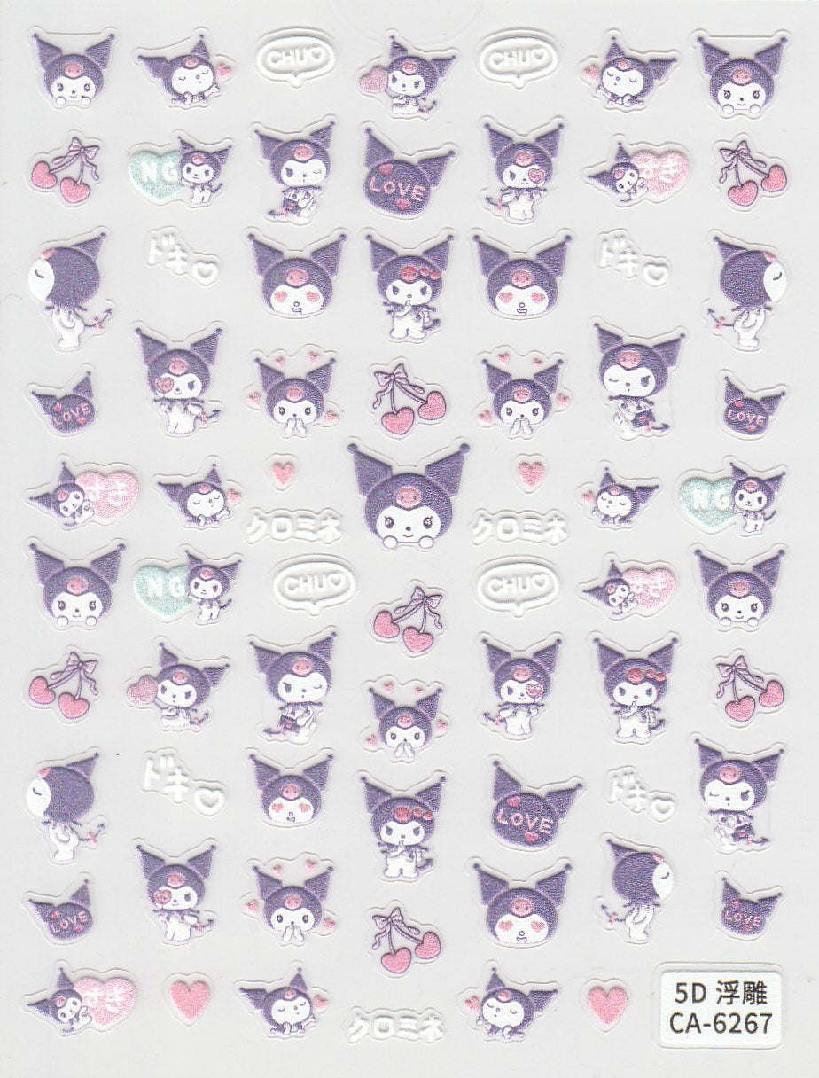 A sheet of 5D self-adhesive nail art stickers featuring various kitten-themed designs, predominantly in purple and other pastel colors, with floral and heart patterns.