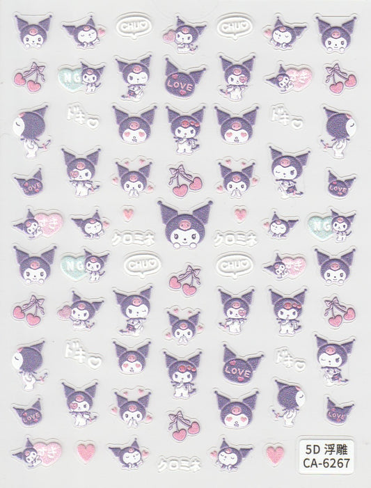 A sheet of 5D self-adhesive nail art stickers featuring various kitten-themed designs, predominantly in purple and other pastel colors, with floral and heart patterns.