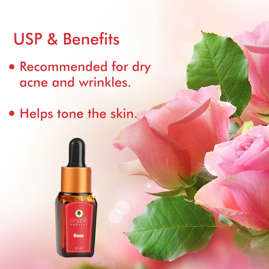 Rose Essential Oil, Calms & Soothes Skin, Fight Depression Face, Hair Care, Excellent for Aromatherapy - 10ml
