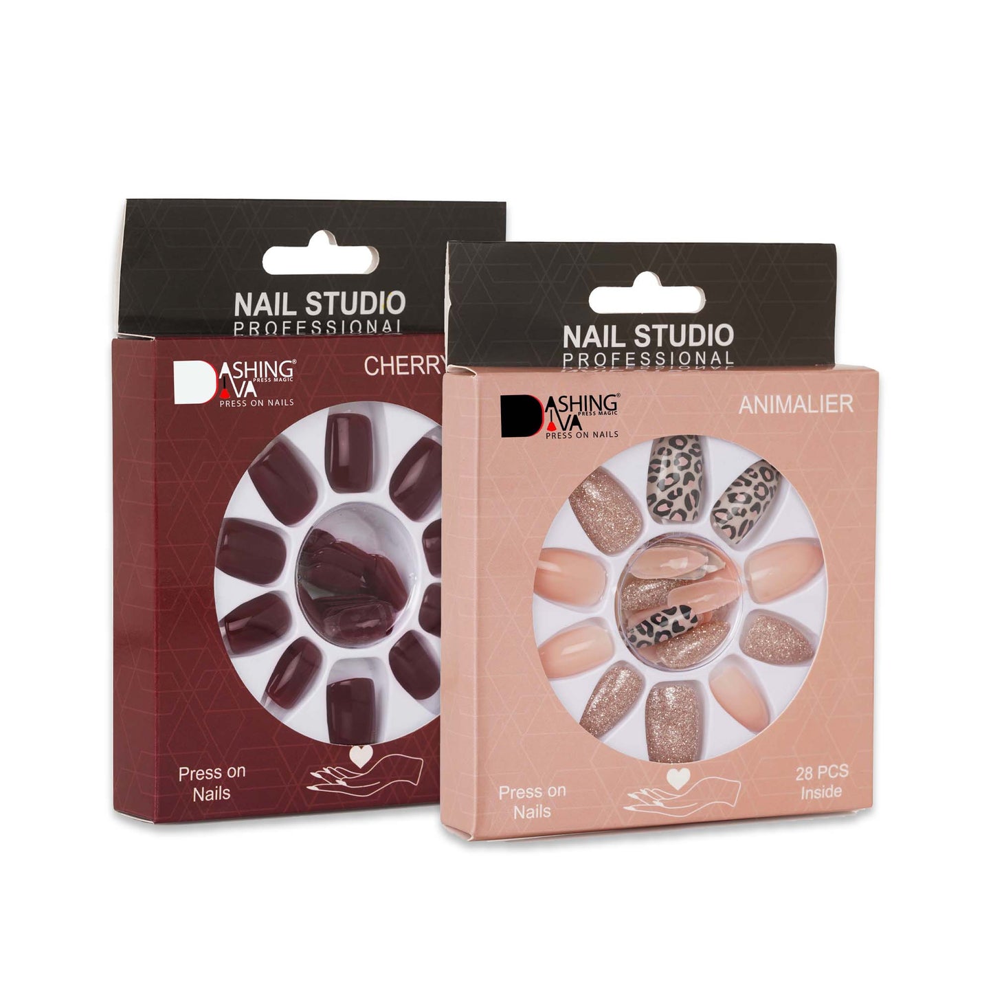 Stick On Nails | Dashing Diva Press Magic Animalier, Cherry Wood Reusable Fake/False Acrylic Press on Nails With Quick Dry Nail Glue, Pack of 2
