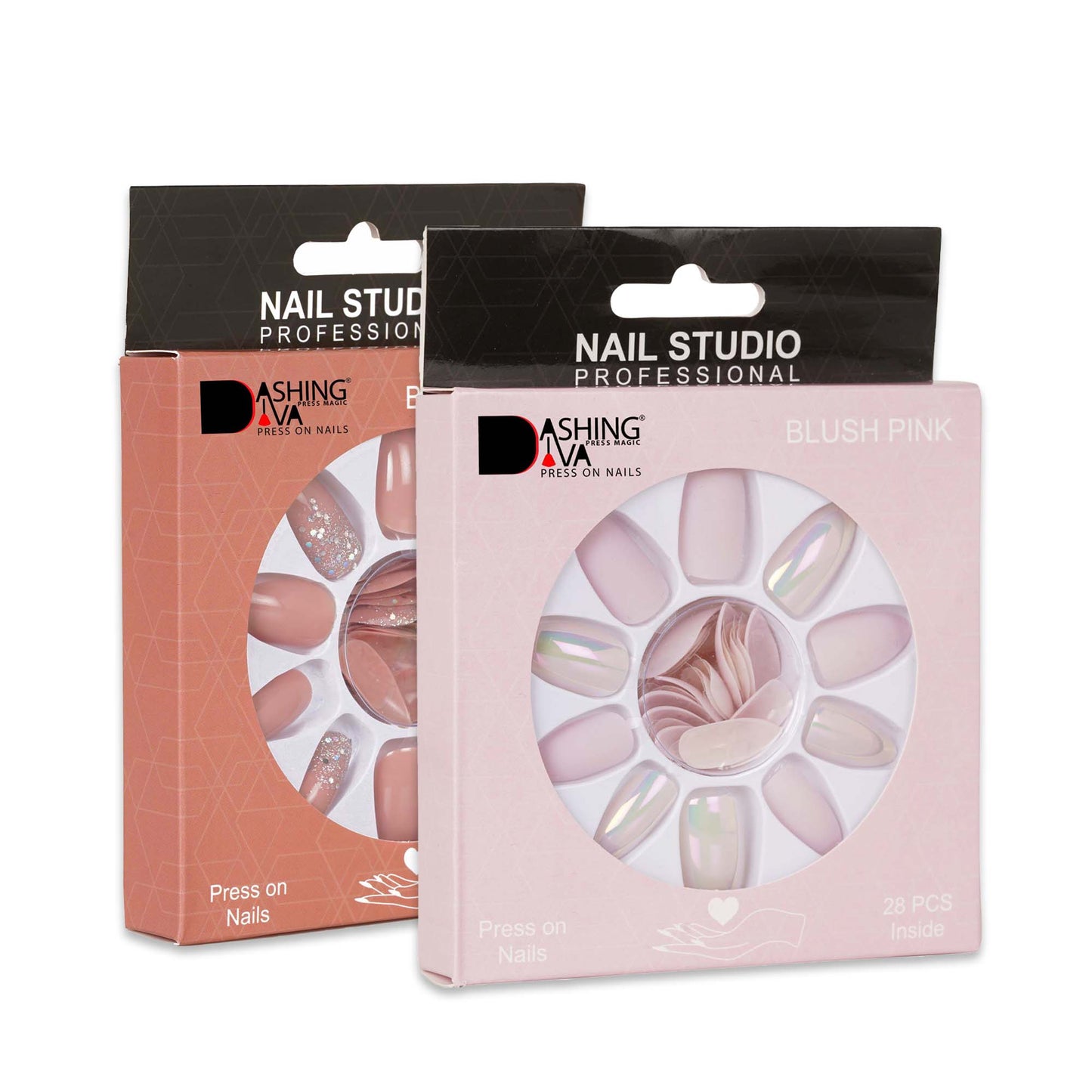 Stick On Nails | Dashing Diva Press Magic Beige Sparkles, Blush Pink Acrylic Reusable Press on Nails With Quick Dry Nail Glue, Pack of 2