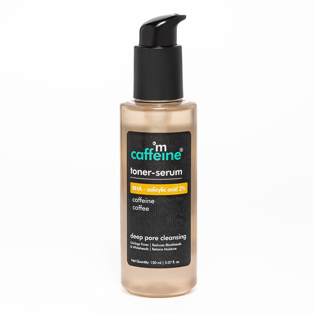 A pump bottle of mCaffeine toner-serum with BHA-2% Salicylic Acid and Coffee, designed for skincare, specifically for unclogging pores and removing blackheads.