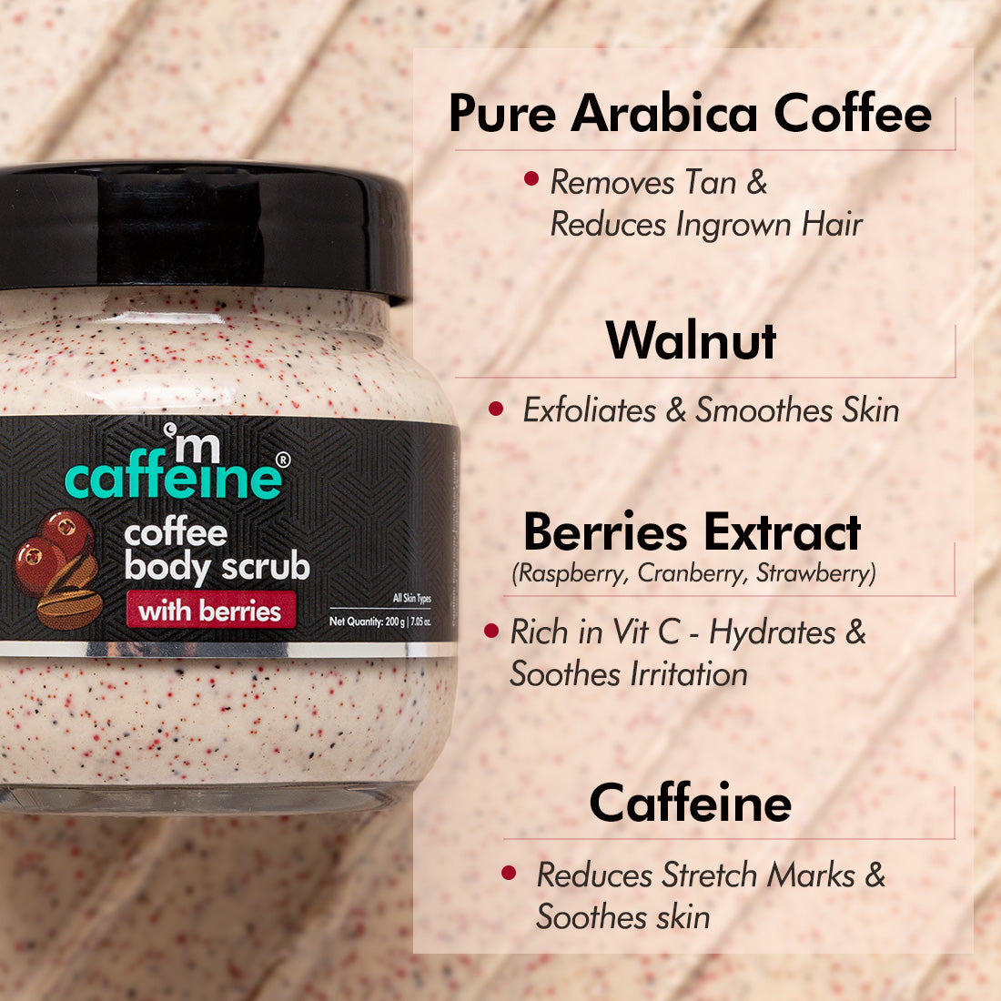 mCaffeine Creamy Coffee Body Scrub with Berries - Moisturizes, Exfoliates & Removes Tan & Dry Skin