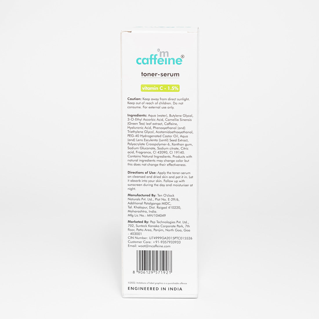 mCaffeine 1.5% Vitamin C 2in1 Toner-Serum with Green Tea for Glowing Skin - Reduces Dark Spots