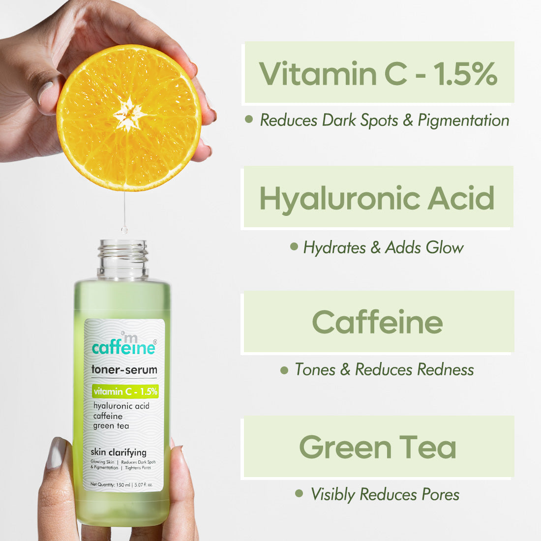 mCaffeine 1.5% Vitamin C 2in1 Toner-Serum with Green Tea for Glowing Skin - Reduces Dark Spots