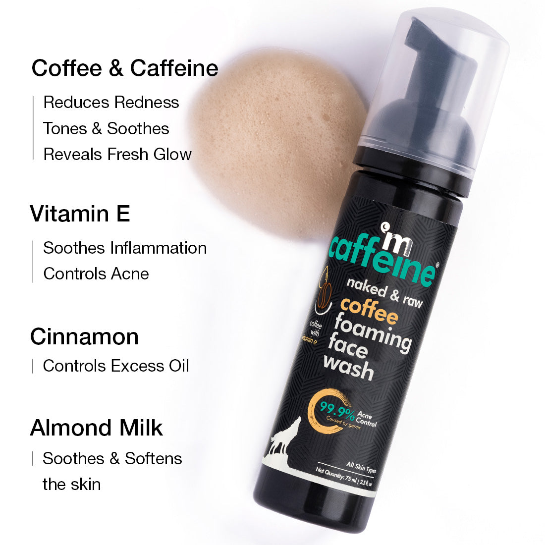 mCaffeine Anti Acne Coffee Foaming Face Wash - Oil & Pimple Control Cleanser with Cinnamon & Vitamin E