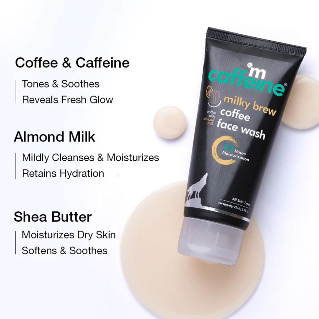 mCaffeine Coffee & Milk Face Wash for 24Hr Moisturization - Soap Free Cleanser with Shea Butter & Almond Milk