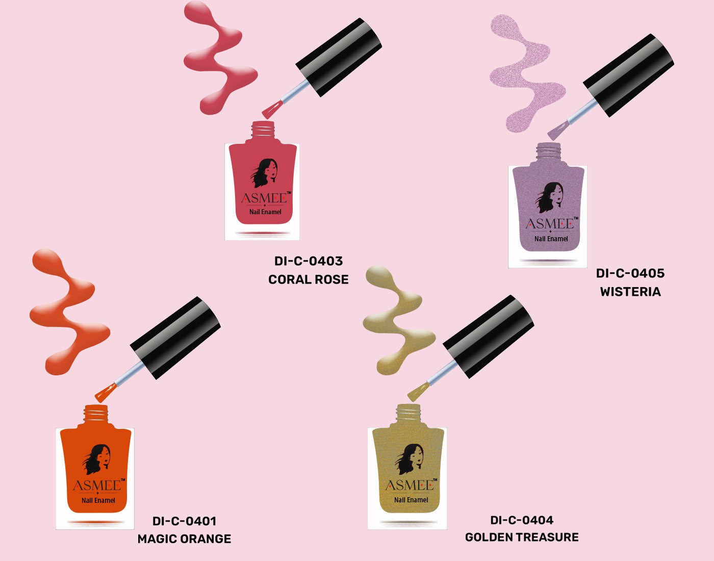 Asmee Combo of 4 Classic Nail Polish - Coral Rose, Wisteria, Magic Orange, Golden Treasure