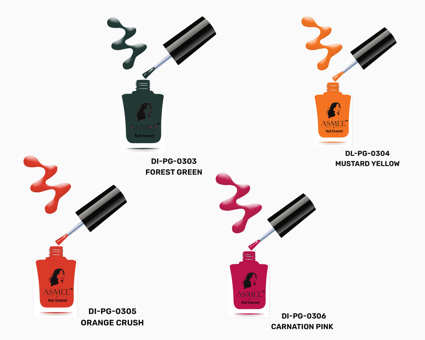 Asmee Combo of 4 Gel Nail Polish - Forest Green, Mustard Yellow, Carnation Pink, Orange Crush