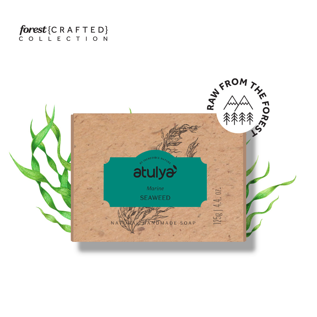 Atulya Marine Seaweed soap packaging with 'Forest Crafted Collection' branding on a white background.