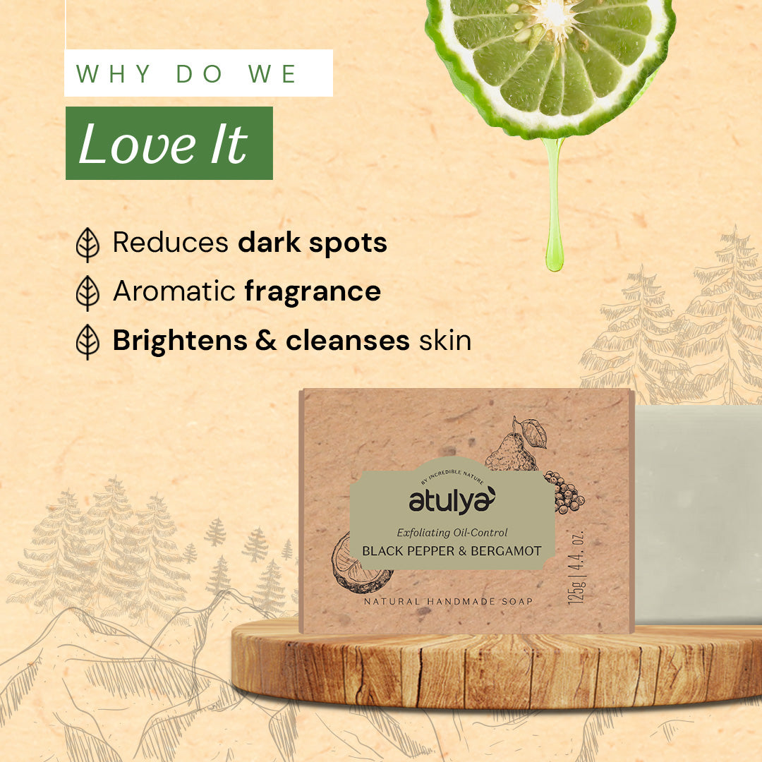 Atulya Black Pepper & Bergamot Soap | Exfoliates Gently, Refreshes Skin | SLS & Paraben Free | For all skin types | 125 gm