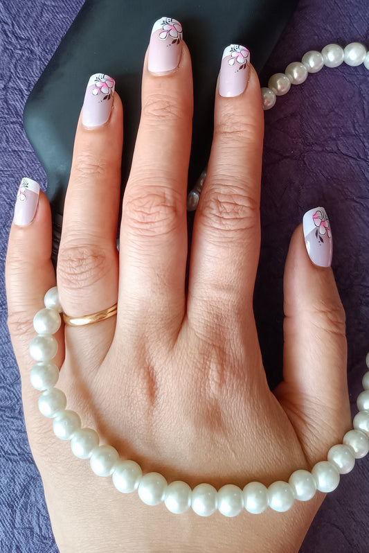 Acrylic/ Press-on Designer Nails with Glue Tabs | Artificial Nails Under 50  - Pink-White Flower