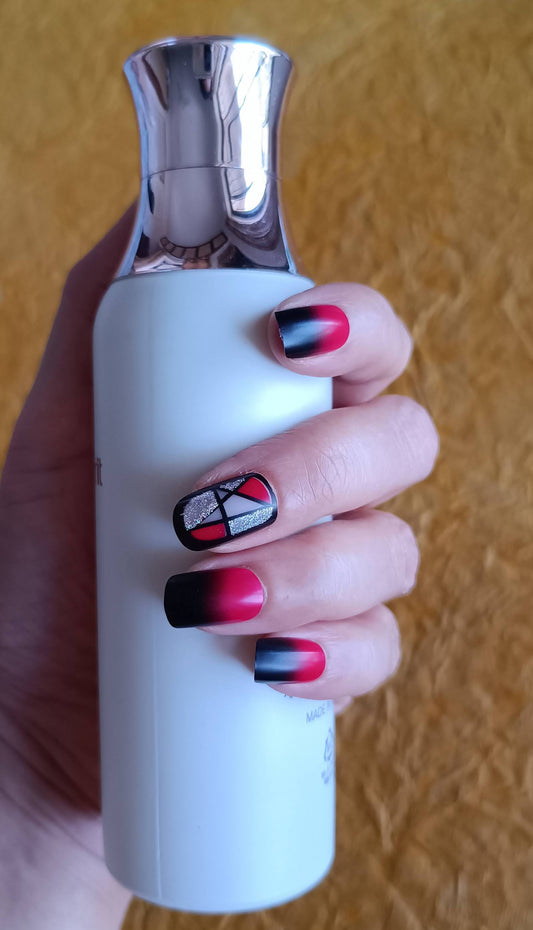 Acrylic/ Press-on Designer Nails with Glue Tabs | Artificial Nails Under 50  - Red & Black Ombre