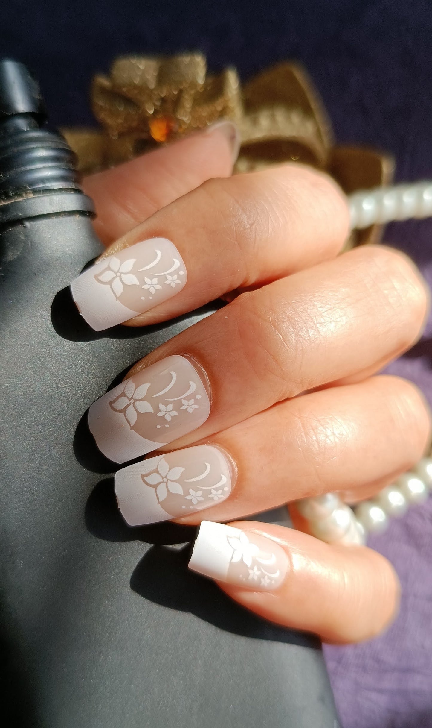 Acrylic/ Press-on Designer Nails with Glue Tabs | Artificial Nails Under 50  - White Flowers French Tips