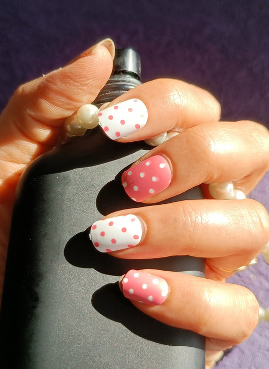 Acrylic/ Press-on Designer Nails with Glue Tabs | Artificial Nails Under 50  - Pink Polka Dots