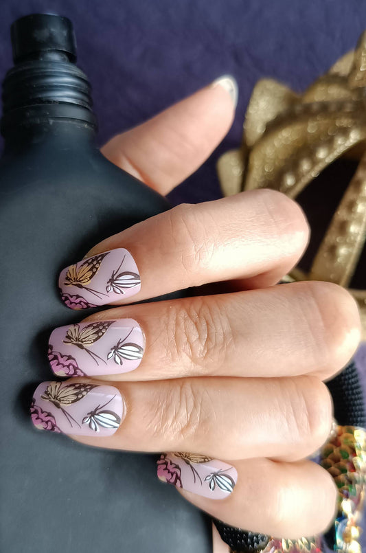 Acrylic/ Press-on Designer Nails with Glue Tabs | Artificial Nails Under 50- Butterfly