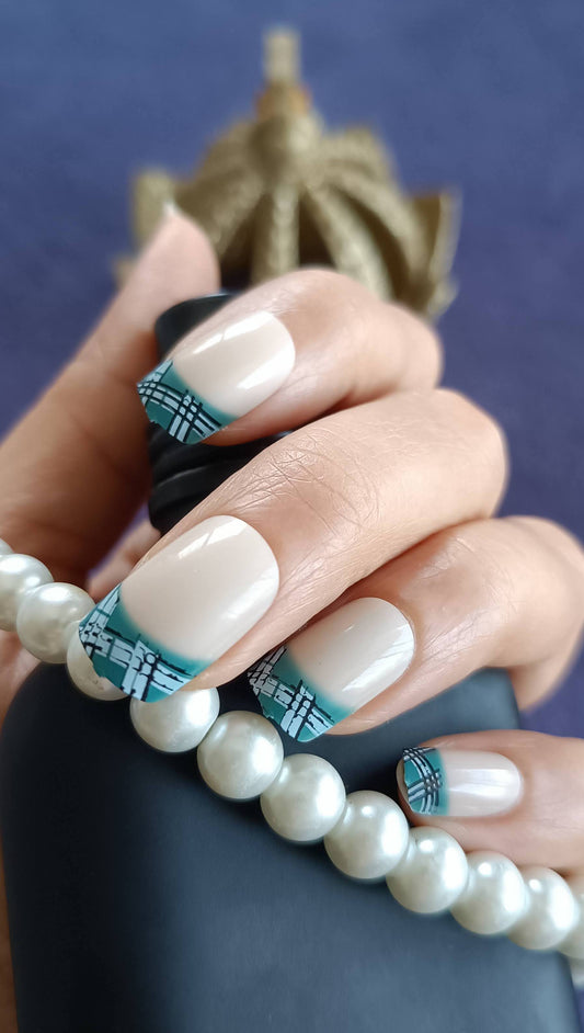 Acrylic/ Press-on Designer Nails with Glue Tabs | Artificial Nails Under 50 - Blue Checked French Tips