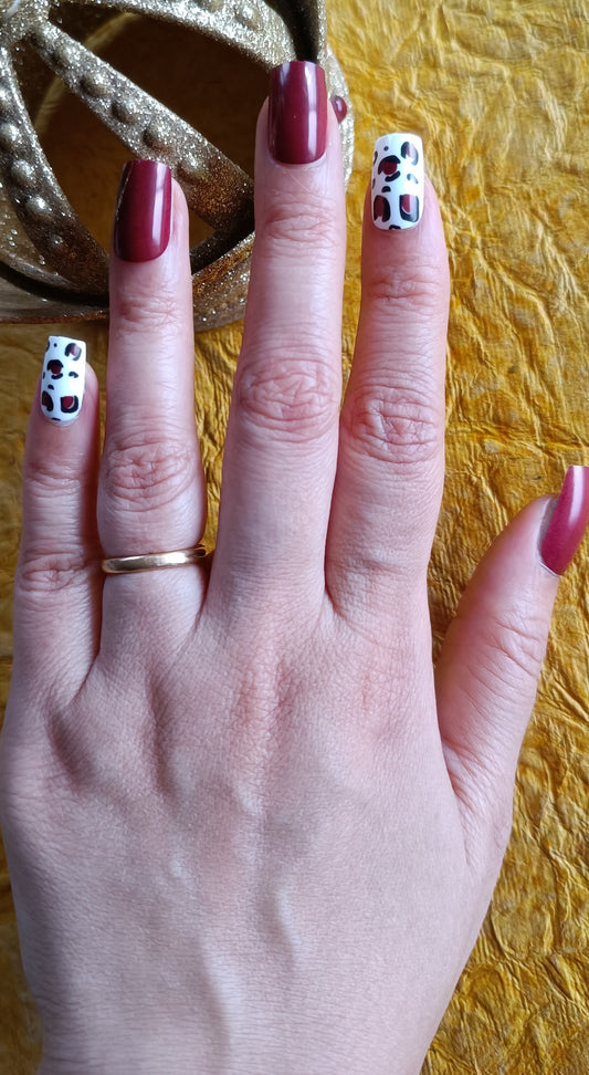 Acrylic/ Press-on Designer Nails with Glue Tabs | Artificial Nails Under 50  - Maroon Animal Print