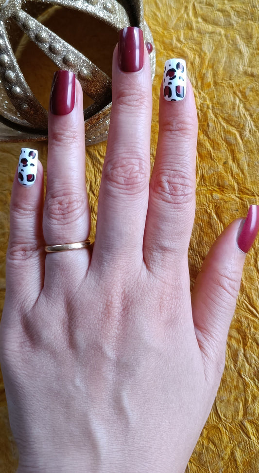 Acrylic/ Press-on Designer Nails with Glue Tabs | Artificial Nails Under 50 - Maroon Animal Print