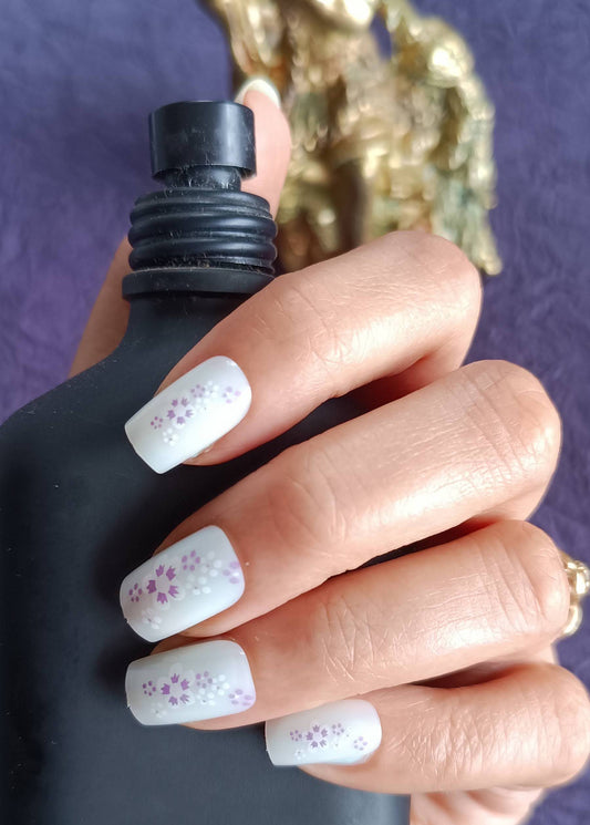Acrylic/ Press-on Designer Nails with Glue Tabs | Artificial Nails Under 50  - Purple Flowers French Tips