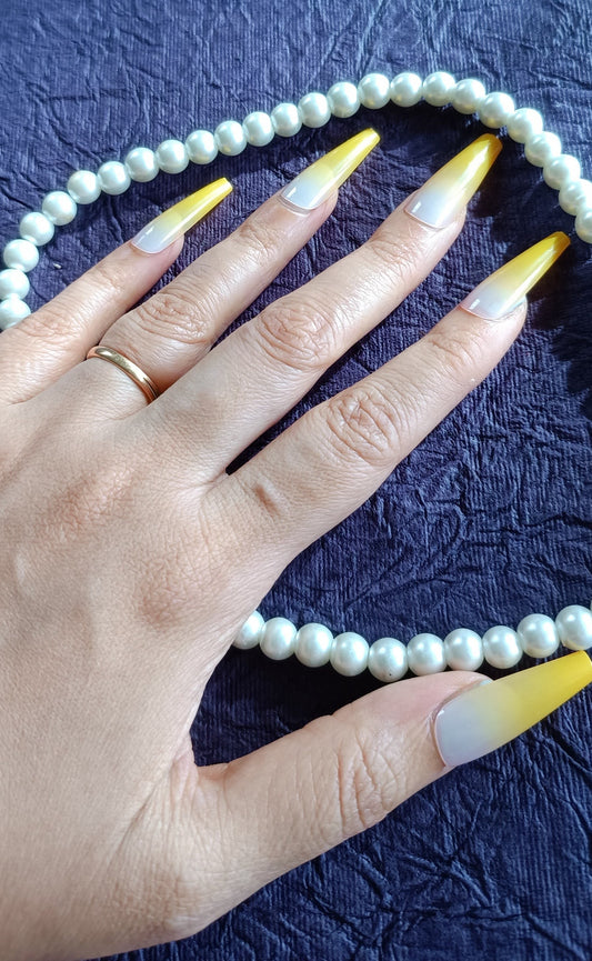 Acrylic/ Press-on Designer Nails with Glue Tabs | Artificial Nails Under 50 - Coffin shaped Yellow Ombre
