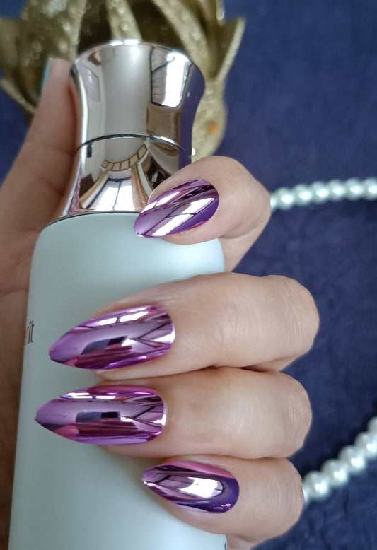 Combo of Acrylic/ Press-on Designer Nails with Glue Tabs  | Artificial Nails Under 200  - Almond Shaped Purple Chromatic-Golden Chromatic