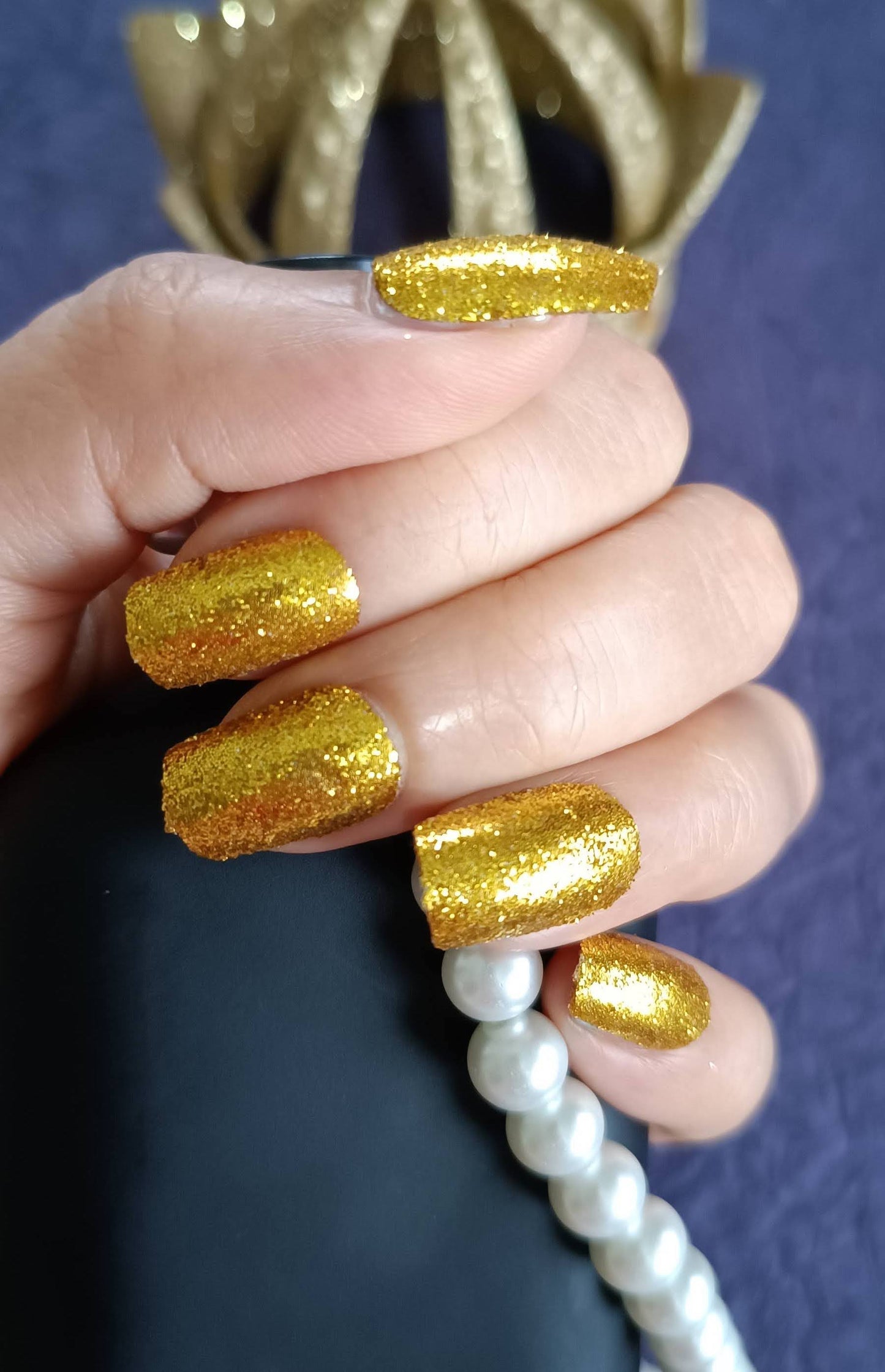 Acrylic/ Press-on Designer Nails with Glue Tabs | Artificial Nails Under 50  - Golden Shimmer