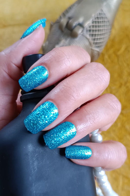 Acrylic/ Press-on Designer Nails with Glue Tabs | Artificial Nails Under 50 - Teal Shimmer