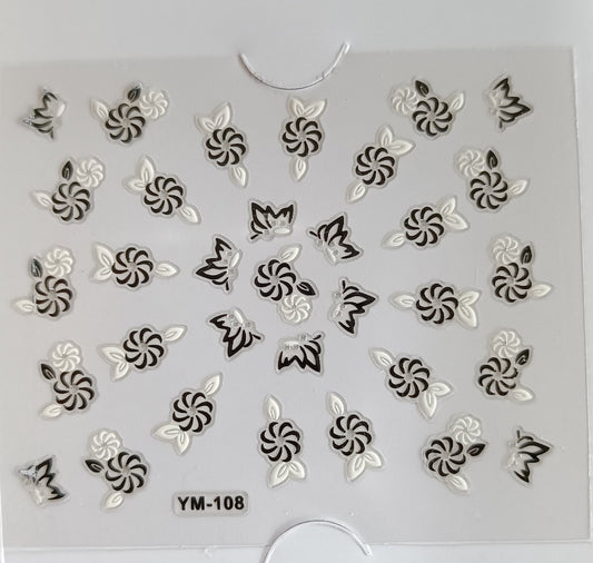 3D Self-Adhesive Nail Art Stickers - Black & White Flowers 108