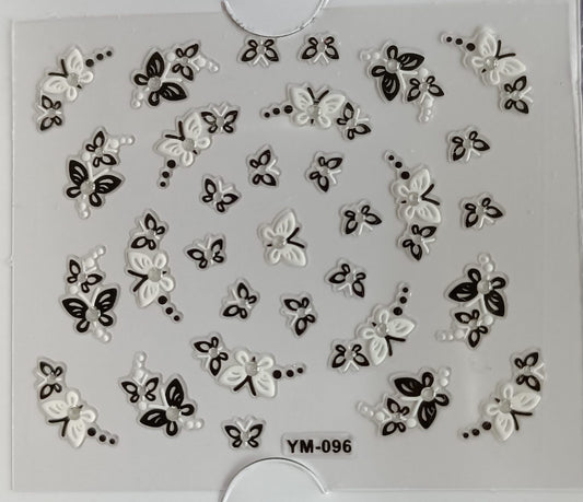3D Self-Adhesive Nail Art Stickers - Black & White Butterflies 96