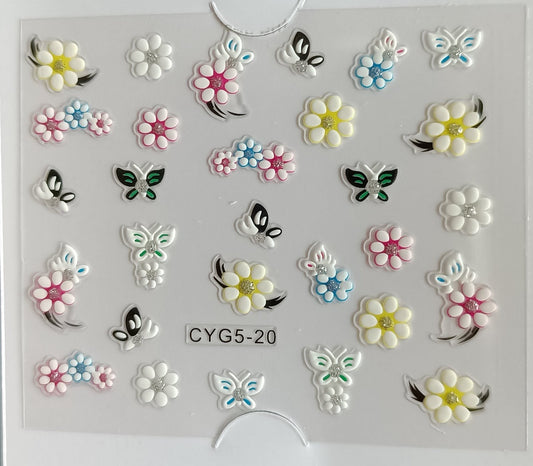 3D Self-Adhesive Nail Art Stickers - Multicolor Flowers & Butterflies 20