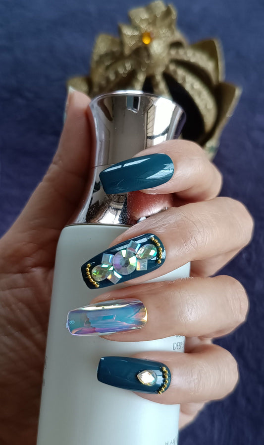 Premium Quality Acrylic/ Press-on Designer Nails with Glue Tabs| Artificial Nails Under 300  - Diamond studded Blue Designer