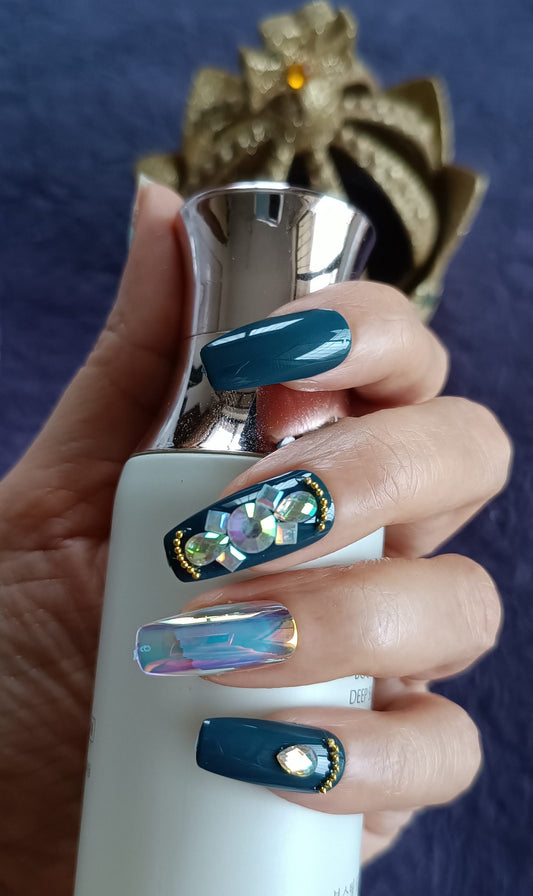 Premium Quality Acrylic/ Press-on Designer Nails with Glue Tabs| Artificial Nails Under 300 - Diamond studded Blue Designer