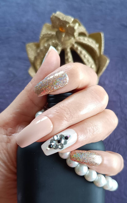 Premium Quality Acrylic/ Press-on Designer Nails with Glue Tabs| Artificial Nails Under 300  - Diamond studded Beige Designer