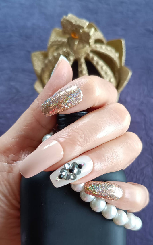 Premium Quality Acrylic/ Press-on Designer Nails with Glue Tabs| Artificial Nails Under 300 - Diamond studded Beige Designer