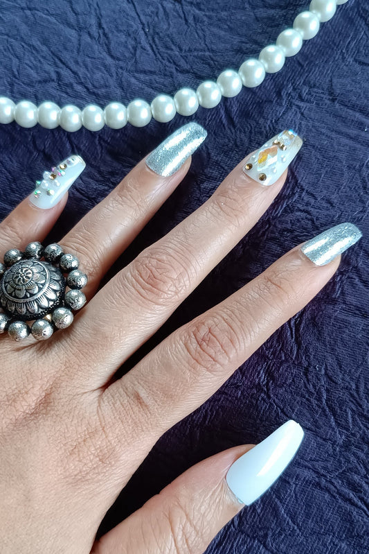Premium Quality Acrylic/ Press-on Designer Nails with Glue Tabs | Artificial Nails Under 300  - Diamond studded White Designer