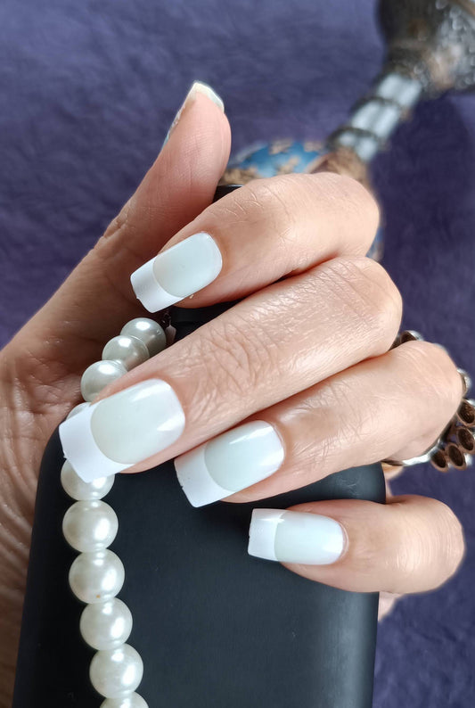 Acrylic/ Press-on Designer Nails with Glue Tabs | Artificial Nails Under 50 - Box shaped White French Tips