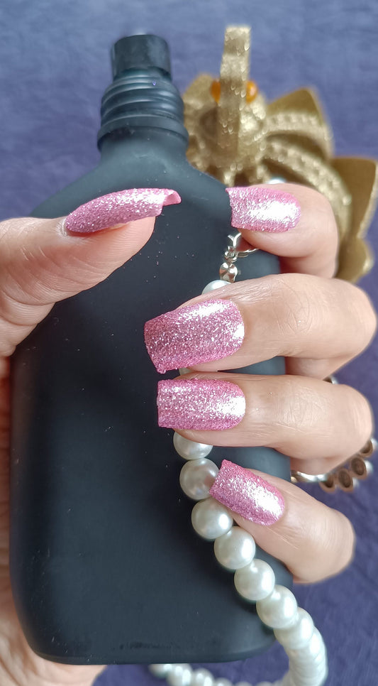Acrylic/ Press-on Designer Nails with Glue Tabs | Artificial Nails Under 50  - Pink Shimmer