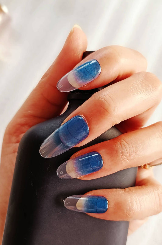 Acrylic/ Press-on Designer Nails with Glue Tabs | Artificial Nails Under 50  - Almond Shaped Blue Ombre