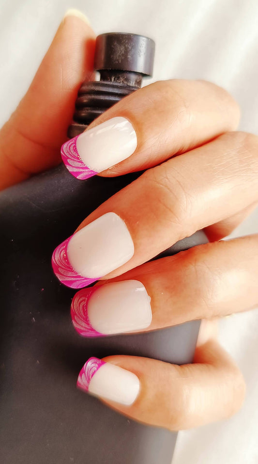 Acrylic/ Press-on Designer Nails with Glue Tabs | Artificial Nails Under 50  - Box shaped Pink Designer French Tips
