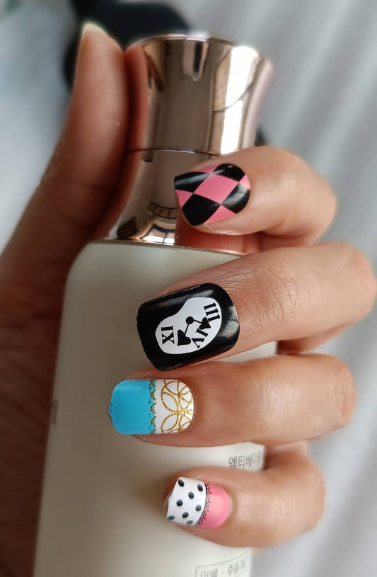 Acrylic/ Press-on Designer Nails with Glue Tabs | Artificial Nails Under 50  - Box shaped Pink-Black-Blue Designer