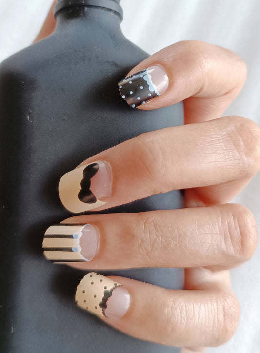 Acrylic/ Press-on Designer Nails with Glue Tabs | Artificial Nails Under 50  - Box shaped Black-Beige French Tips