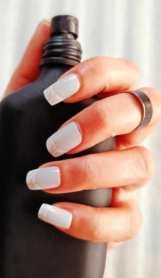 Acrylic/ Press-on Designer Nails with Glue Tabs | Artificial Nails Under 50 - Box Shaped White Designer French Tips