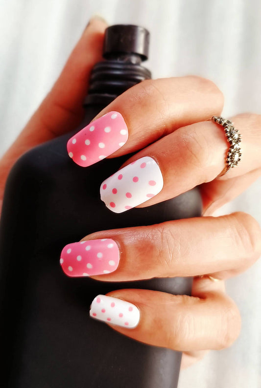 Acrylic/ Press-on Designer Nails with Glue Tabs | Artificial Nails Under 50  - Box Shaped Pink-White Polka Dots