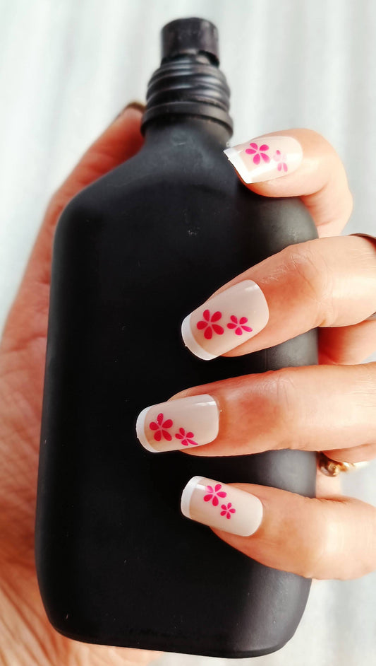 Acrylic/ Press-on Designer Nails with Glue Tabs | Artificial Nails Under 50  - Box Shaped Red Designer Flowers French Tips