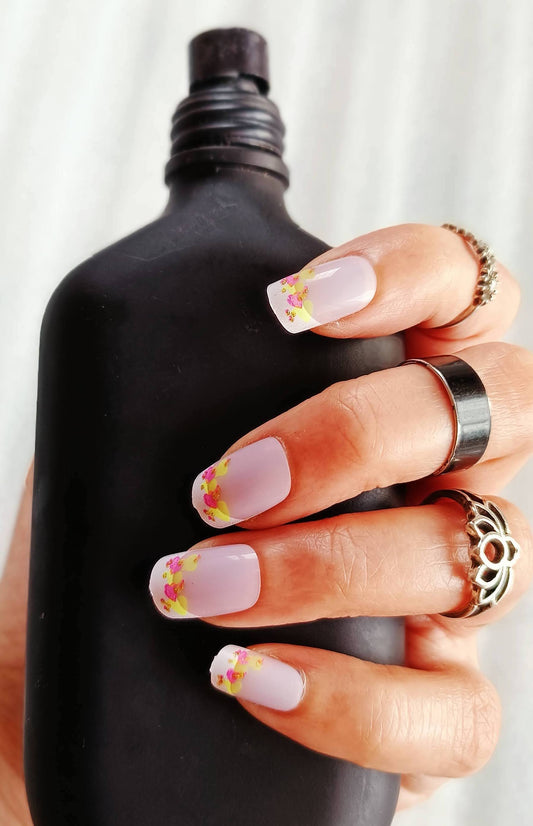 Acrylic/ Press-on Designer Nails with Glue Tabs | Artificial Nails Under 50  - Box Shaped Yellow-Pink French Tips