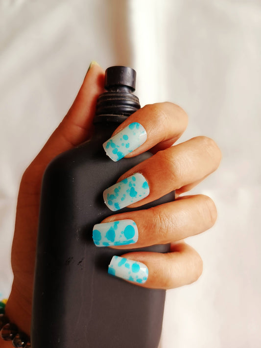 Acrylic/ Press-on Designer Nails with Glue Tabs  | Artificial Nails Under 100  - Box Shaped Blue Tie-Dye