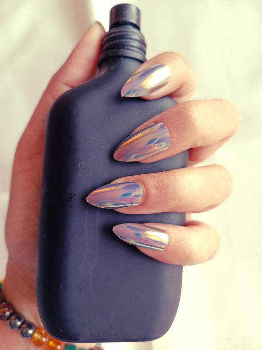Acrylic/ Press-on Designer Nails with Glue Tabs | Artificial Nails Under 100 - Almond Shaped Silver Chromatic