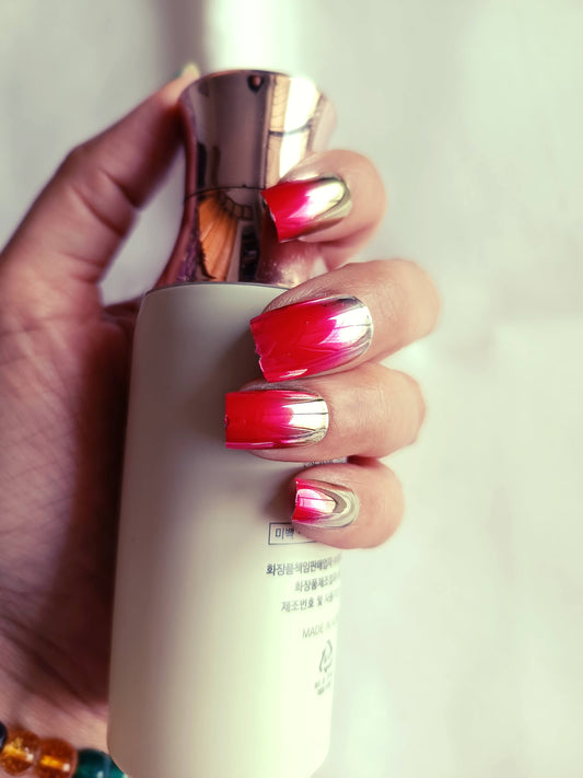 Acrylic/ Press-on Designer Nails with Glue Tabs | Artificial Nails Under 100 - Box Shaped Red-Gold Ombre Chromatic